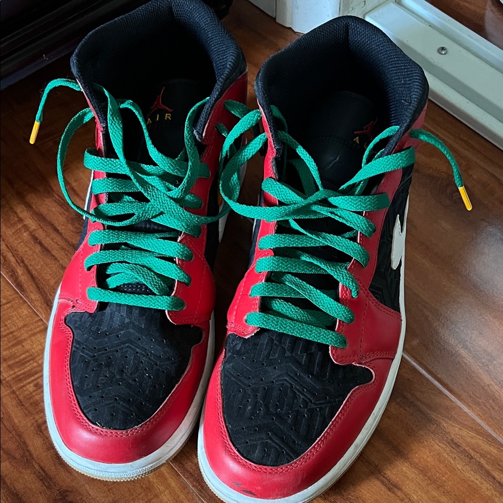 Jordan Red, Black, and Green Sneakers